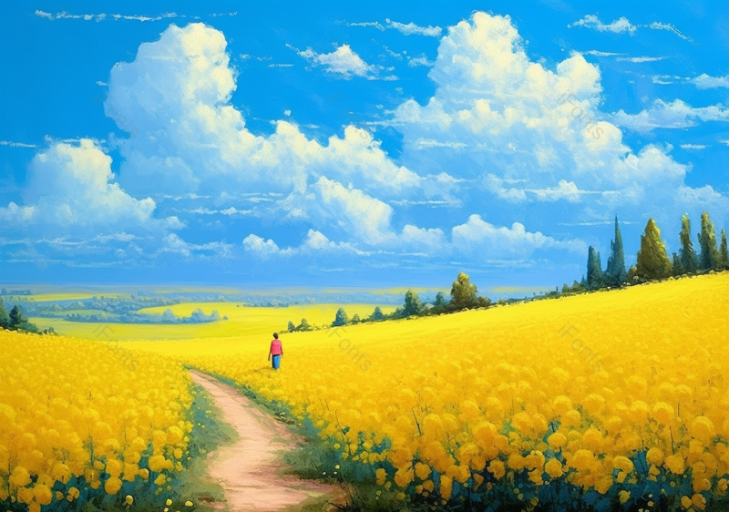 满山遍野黄色花丛蓝天白云夏日田园风格油画,插画/手绘图,插画/手绘图库,插画/手绘图下载,插画/手绘